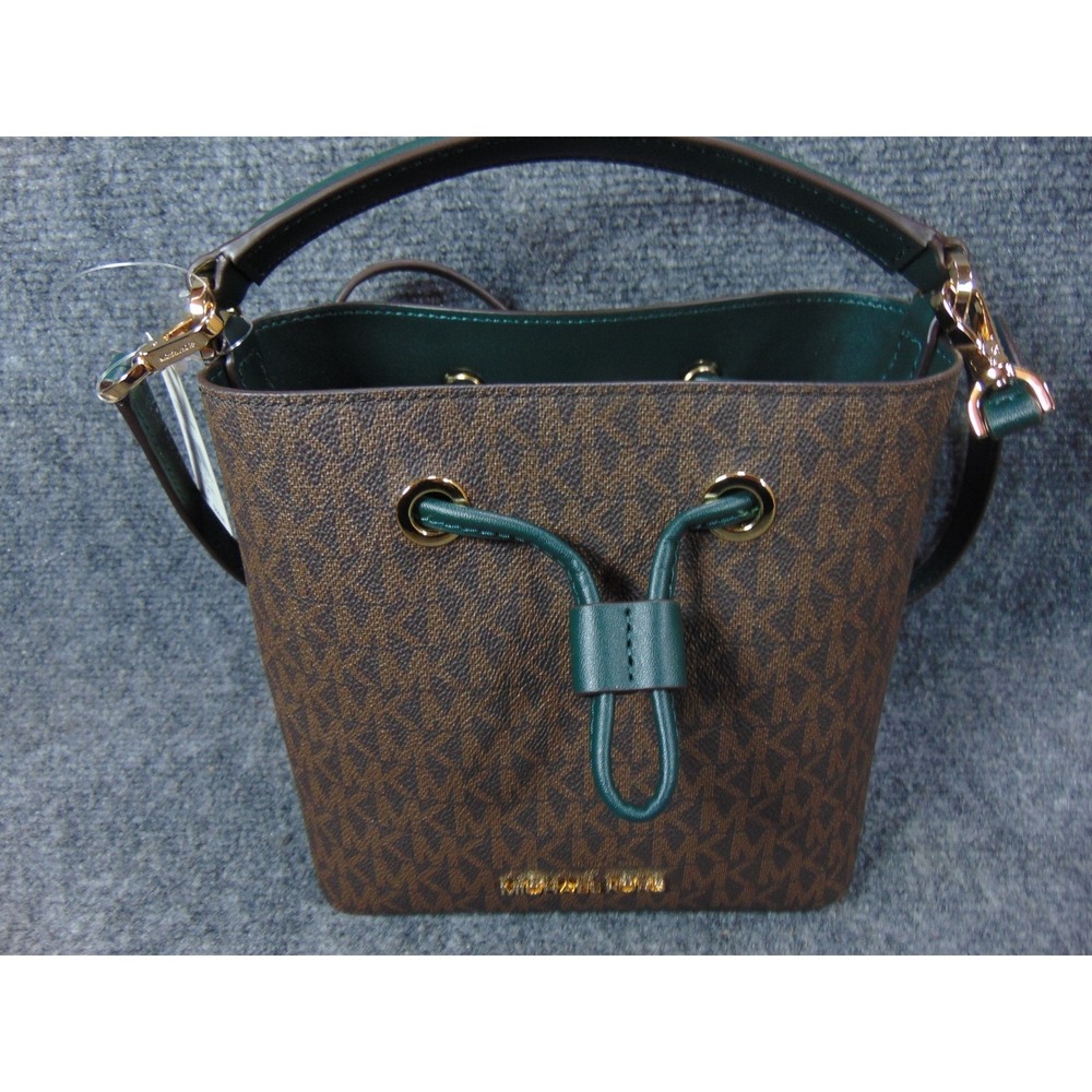 Michael Kors Brown Logo Drawstring Bucket Bag with Dark Green Trim